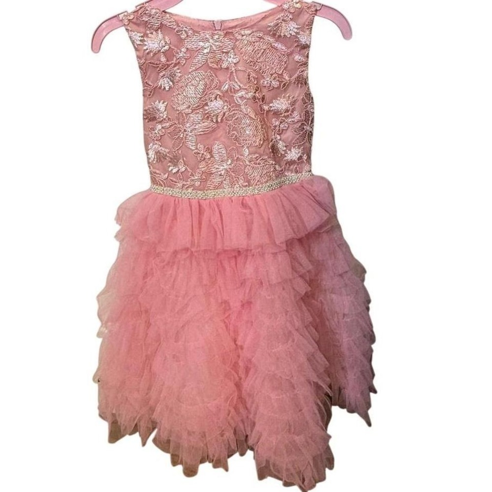 Badgley Mischka Girls Pink Lace Tulle Ruffle Flower Girl Formal Dress Size 6
